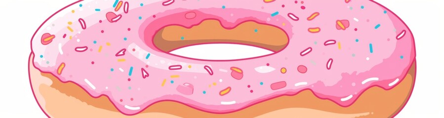 Simple vector illustration of a pink glazed donut with sprinkles, flat design style, on a white background