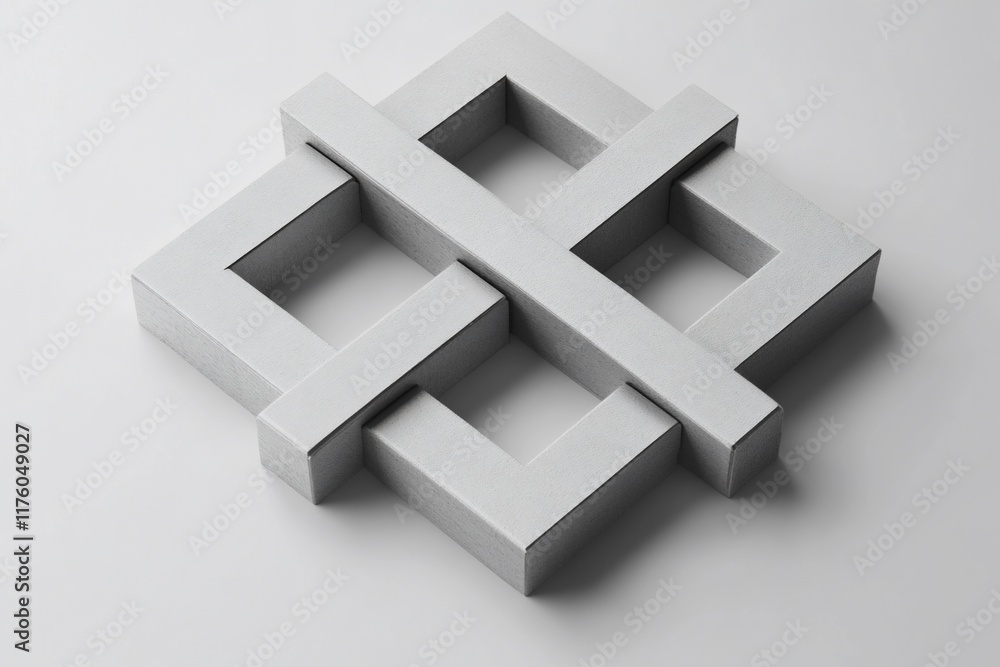 Poster a three-dimensional geometric structure made of light gray material.