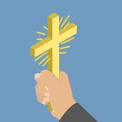 3D Isometric Flat Vector Illustration of Golden Christian Crucifix, Catholicism Concept