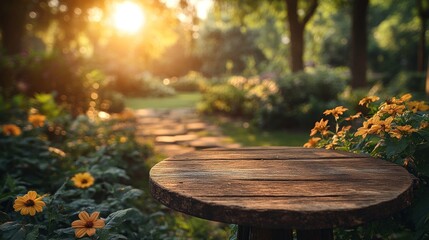 Naklejka premium A serene garden scene with a wooden table surrounded by vibrant flowers and soft sunlight.