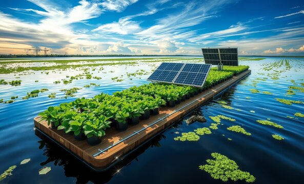 Floating wooden boat, hydroponic vegetable garden, solar panels, tranquil lake, water lilies, reflective water surface, vibrant blue sky, fluffy clouds, golden sunlight, sustainable agriculture, eco-f