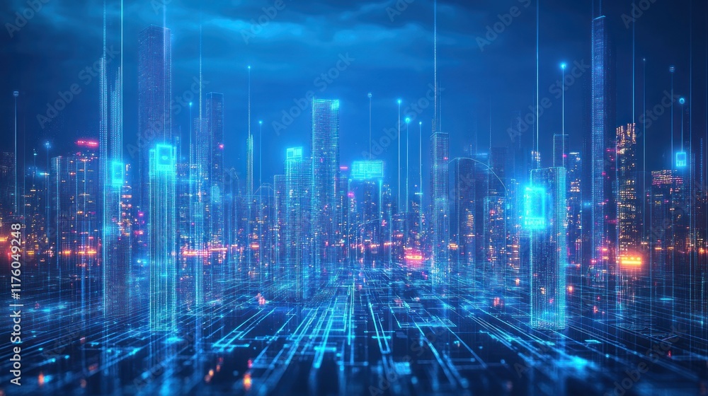 Poster futuristic cityscape with digital data streams and neon lights reflecting on skyscrapers in a vibran