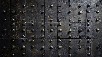 A textured metal wall featuring square panels and protruding rivets.