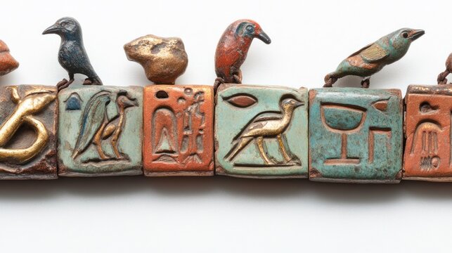 Egyptian gold necklace with hieroglyphic pendants, ancient patina and wear 
