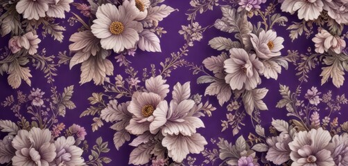 Vintage-inspired floral pattern with intricate details on a purple background,  flowers, purple background
