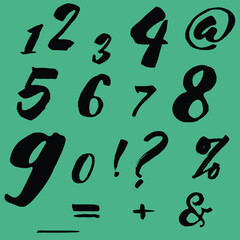Hand written calligraphy alphabet black ink brush lettering, numbers and punctuation marks, grunge font style with ink splashes. Vector,t.eps