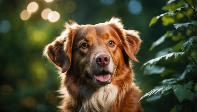 Cheerful brown dog poses in lush greenery with soft sunlight filtering through trees in a serene forest setting