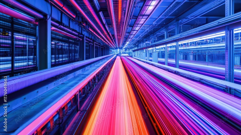 Poster dynamic light trails through a futuristic tunnel with vibrant neon colors emphasizing speed and moti