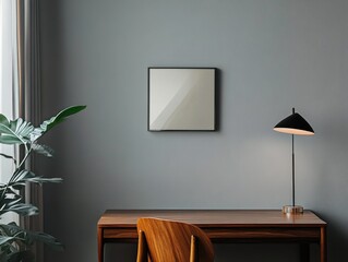 A desk with a lamp and a plant