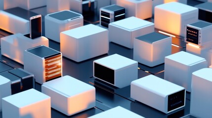 Obraz premium A futuristic arrangement of computer servers and data storage units.