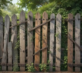 Naklejka premium Weathered wooden fence with rusty hinges and overgrown vines, decay, rustic