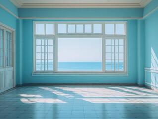Fototapeta premium A large empty room with a large window overlooking the ocean