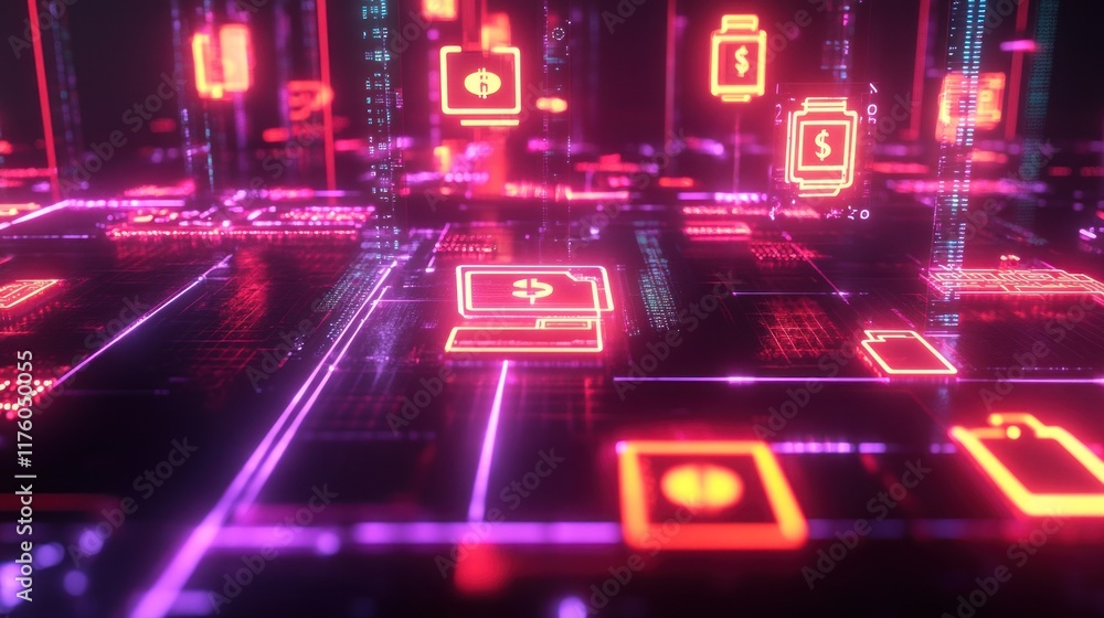 Poster abstract digital background featuring neon icons and symbols representing finance, technology, and d