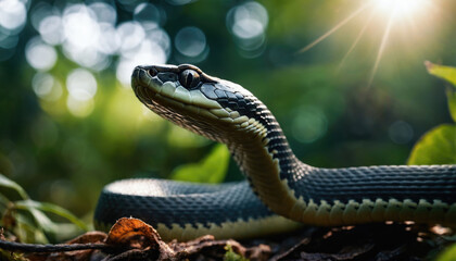 Fototapeta premium Close-up of a snake in a lush forest during the golden hour showcasing elegant patterns and vibrant colors