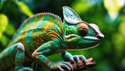 Colorful chameleon perched on a branch in a tropical forest during daylight hours