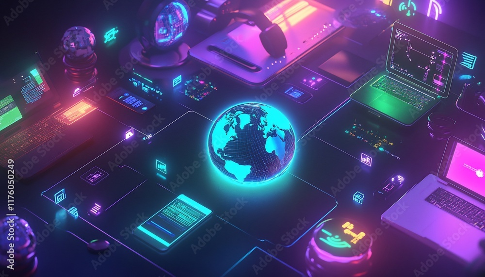Poster a vibrant digital workspace featuring interconnected devices and a glowing globe.