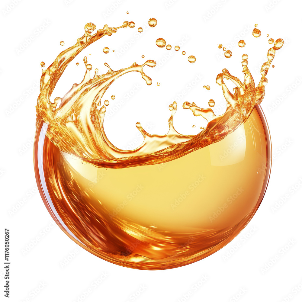 Poster Oil splashing in a spherical shape creating a dynamic and fluid visual effect against a clean, transparent background, Oil splashing in sphere shape Stock Illustration