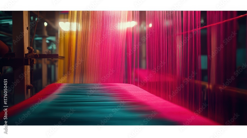 Poster vibrant threads in motion: a close-up view of colorful textile production with cascading strands of 