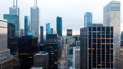 Obraz premium City skyline at dusk showcasing modern architecture and urban life.