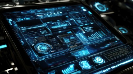 Obraz premium Futuristic automated factory, robotics optimizing stock production, digital interfaces showing real-time data, tech-heavy environment 