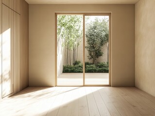 Obraz premium A room with a window and a tree outside