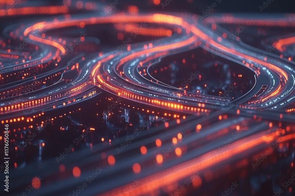Poster a vibrant, abstract representation of illuminated roadways and traffic patterns.