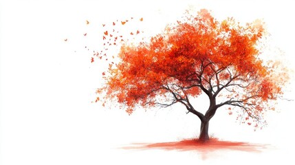 Vibrant autumn tree with leaves blowing in wind.