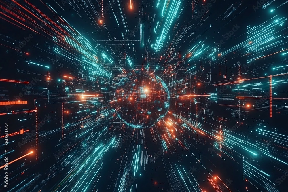 Poster a vibrant, abstract representation of digital data and motion through space.