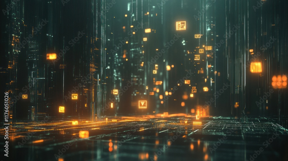 Poster futuristic digital data flow representation with bright glowing shapes and lines, showcasing advance