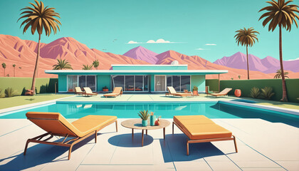Fototapeta premium Modern desert villa with pool and palm trees under a clear blue sky in a serene landscape setting