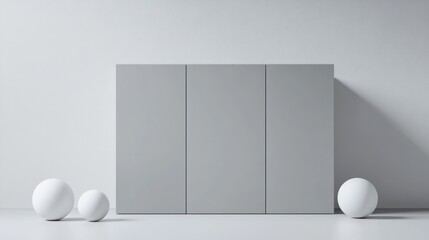 Minimalist gray cabinet with white spheres against a white wall.