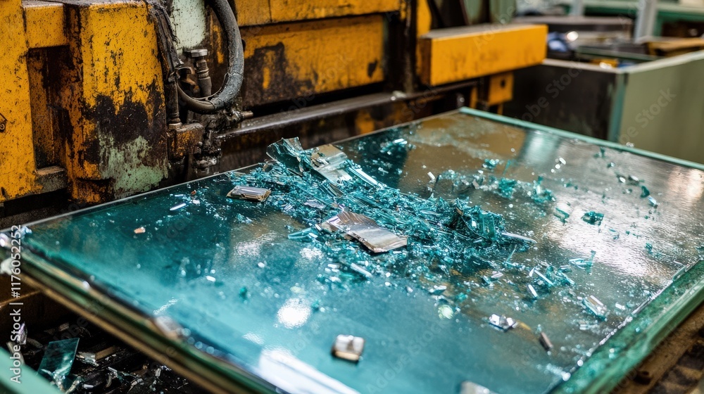 Poster shattered glass fragments on production line with industrial machinery in background, reflecting lig