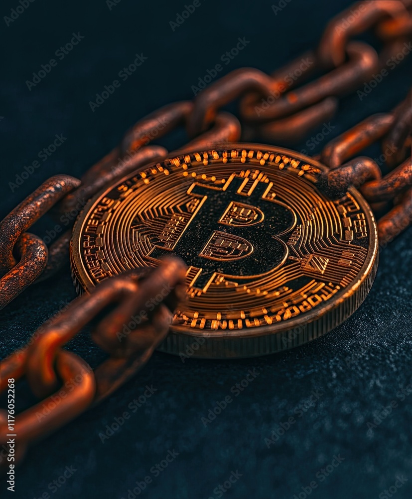 Poster bitcoin coin secured by a rusty chain
