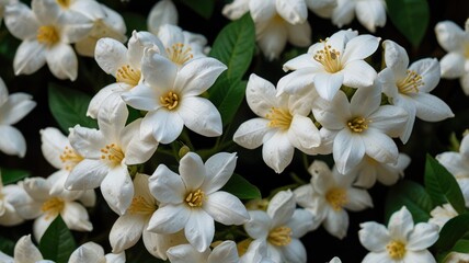 Obraz premium Close-up of numerous white star-shaped flowers with yellow centers and green leaves.