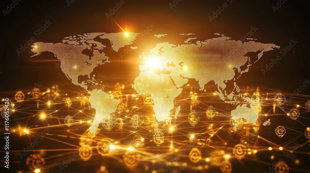Poster golden glow world map with network connections and digital nodes representing global connectivity an