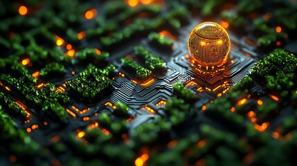 Glowing sphere on circuit board with green vegetation; futuristic technology merging with nature; for tech or environmental concepts.