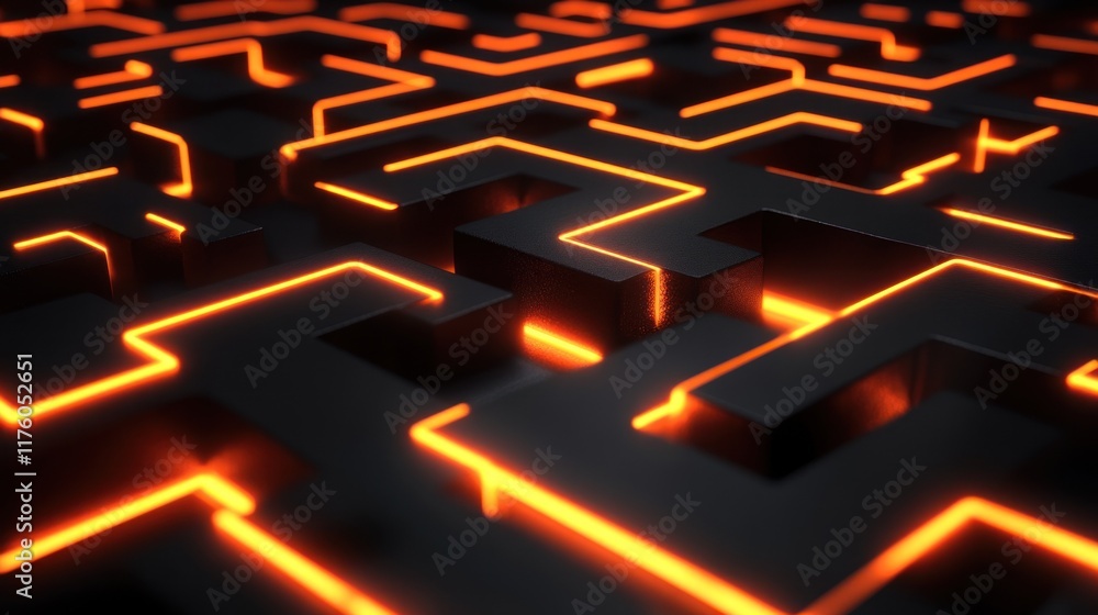 Aufkleber Abstract maze pattern with glowing orange lines on a dark background, creating a mesmerizing visual effect and intricate design for various creative projects.