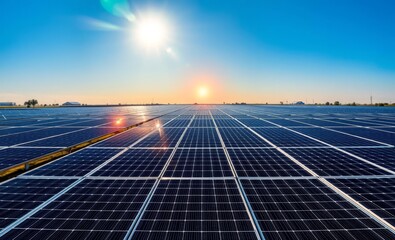 Photovoltaic modules of huge solar panels with clear blue sky and sun on background innovative solar panel innovation power electricity energy technology panel renewable
