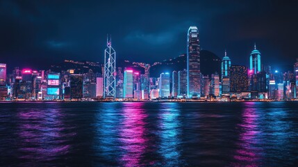 Fototapeta premium Dark futuristic cityscape at night, glowing neon accents in purple and blue, cinematic lighting 