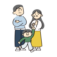 悩む三人家族のイラスト