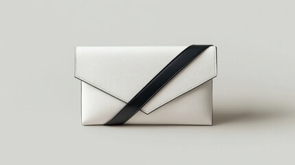 White leather envelope clutch bag with black strap.