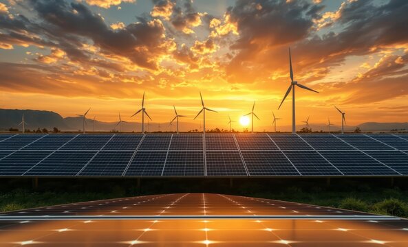 Renewable energy landscape, solar panels and wind turbines, dramatic sunset sky, golden sunlight, vibrant clouds, silhouetted technology, clean energy revolution, panoramic view, environmental sustain