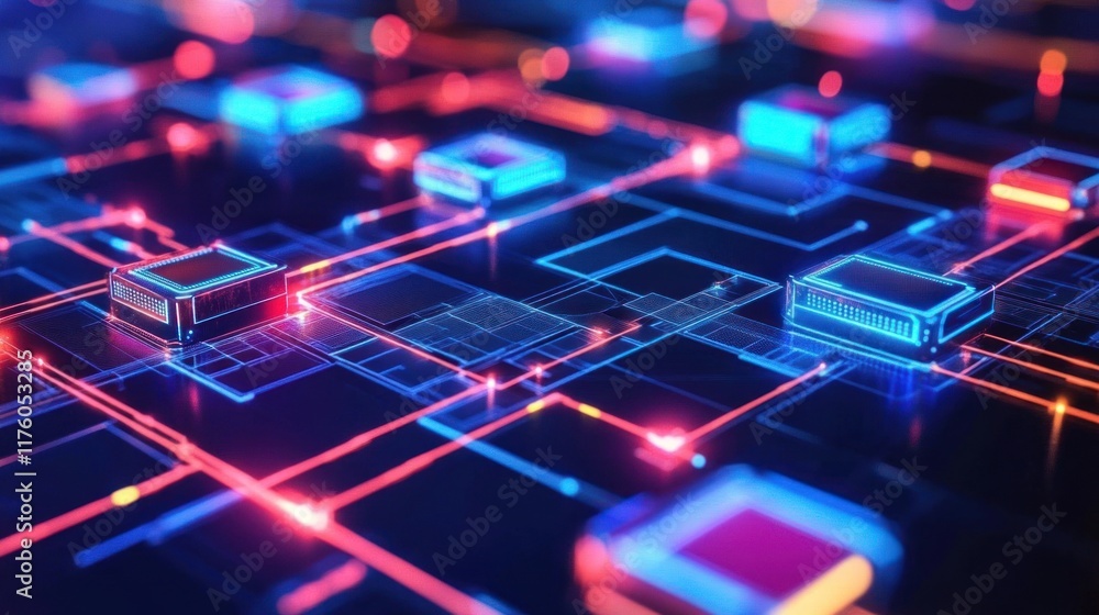 Poster futuristic network of digital circuits and microchips illuminated by neon lights in a high-tech envi
