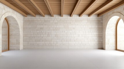 Spacious interior with arched windows and wooden beams.