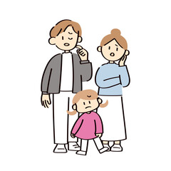悩む三人家族のイラスト