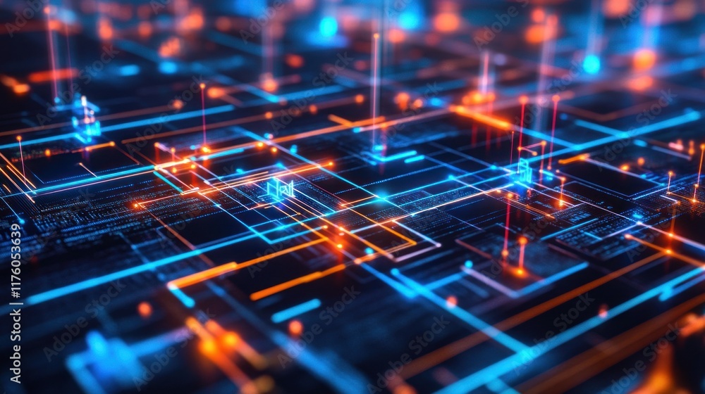 Poster futuristic abstract digital network with glowing lines and nodes in bright blue and orange colors, r