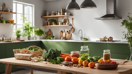 Fresh herbs and colorful vegetables artistically arranged on kitchen table. Bright tones create warm, inviting vibe. Suitable for healthy cooking content, recipe sharing, and food advertisements.