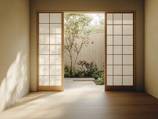 A room with a large window and a wooden door