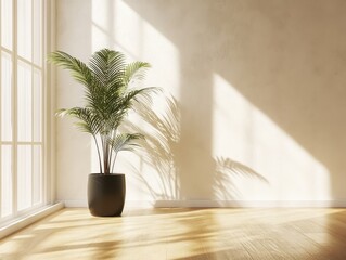 A black plant is sitting in a black pot in a room with white walls