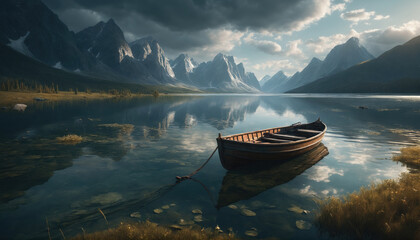 Tranquil boat resting on a calm lake surrounded by majestic mountains under a dramatic cloudy sky at sunset